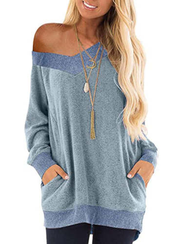 V-Neck Contrast Sweatshirt Long Sleeve Pullover Casual T-Shirts