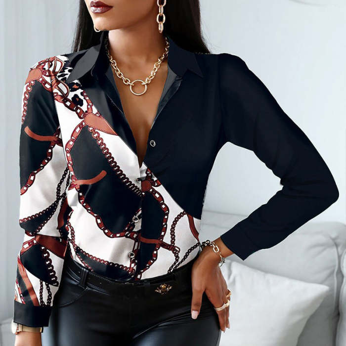 Women turn down neck printed fashion long sleeve blouses