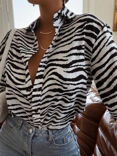 Wave Print Single-Breasted Tie Knit Front Blouses