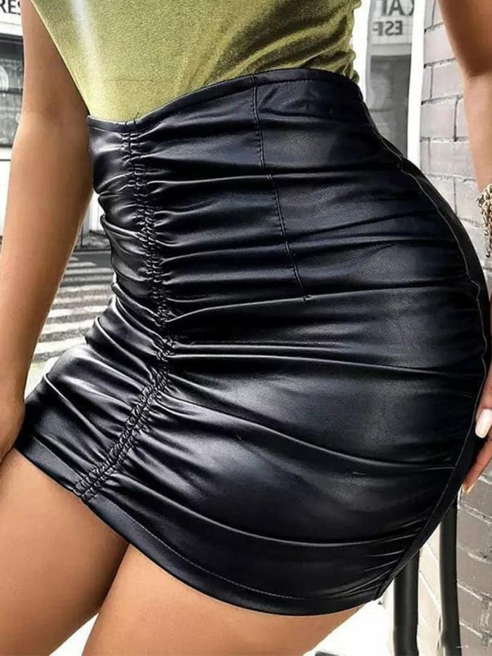 Ruched High Waist PU Skirt