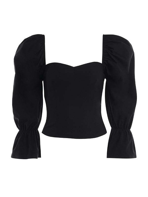 Stylish Solid Puff Sleeve Backless Top Blouses