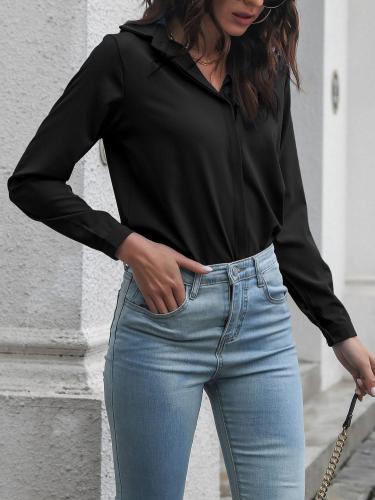 Fashion Solid Button Up Turn Collar Blouses