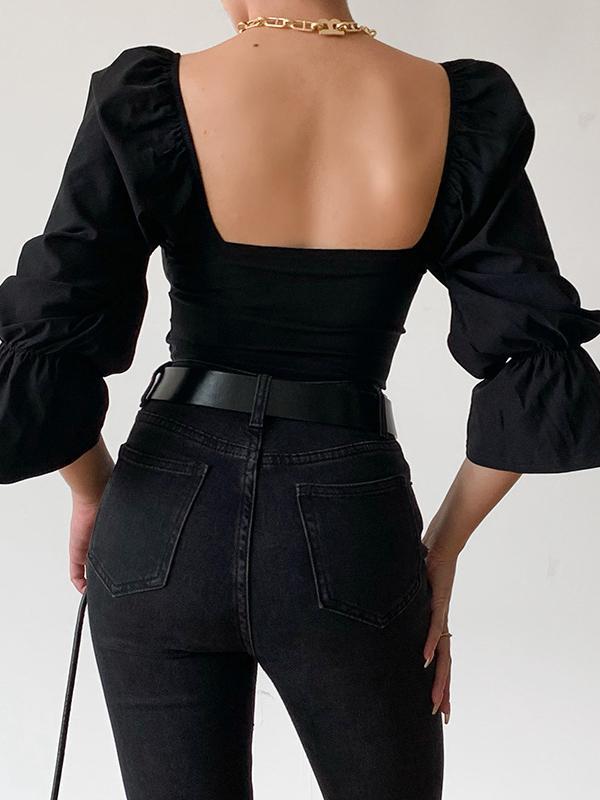 Stylish Solid Puff Sleeve Backless Top Blouses