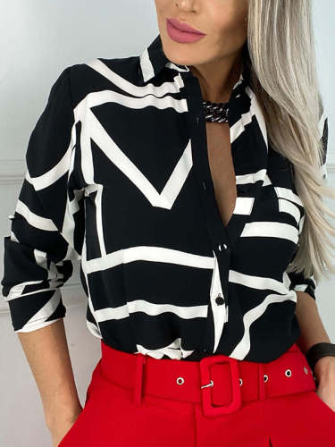 Casual work day women turn down neck printed long sleeve blouses