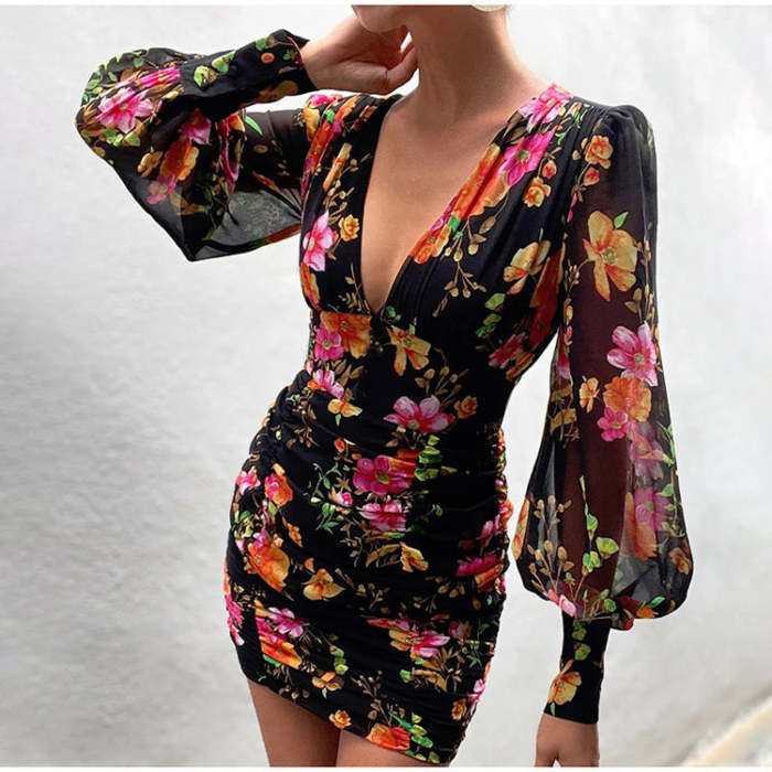 Sexy v neck floral women latern sleeve fashion long sleeve bodycon dresses