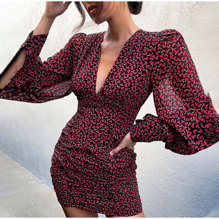 Sexy v neck floral women latern sleeve fashion long sleeve bodycon dresses