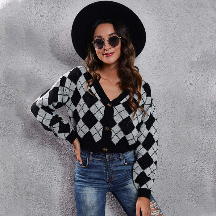 Women's loose rhombus colorblock knit cardigans short sweaters