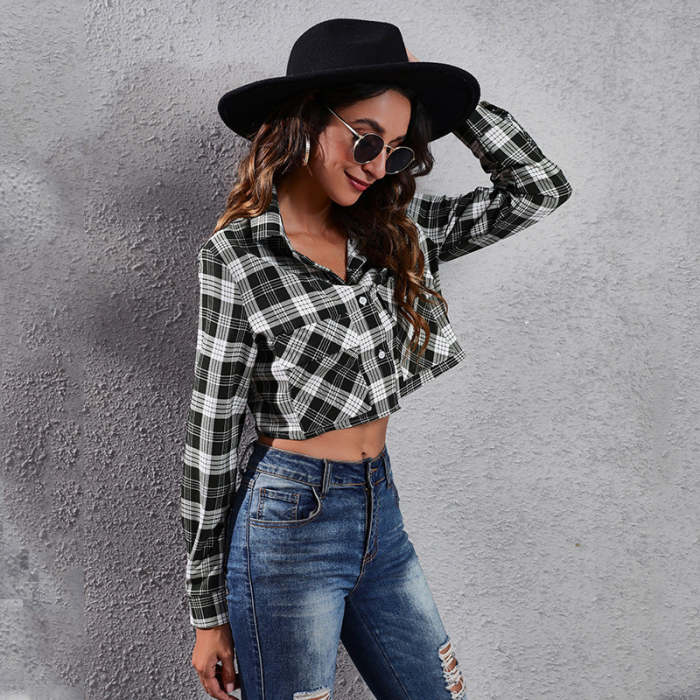 Women fashion casual grid and stripe long sleeve comfy blouse jackets
