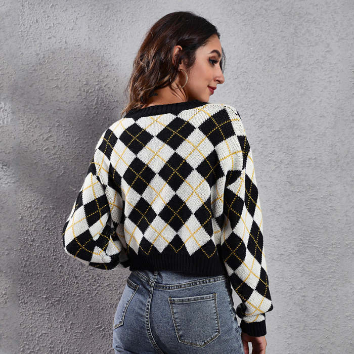 Women's loose rhombus colorblock knit cardigans short sweaters
