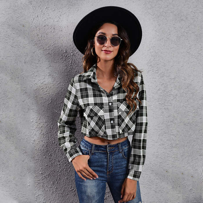 Women fashion casual grid and stripe long sleeve comfy blouse jackets