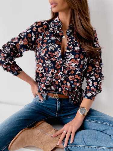 Floral printed fashion turn down neck long sleeve blouses tops