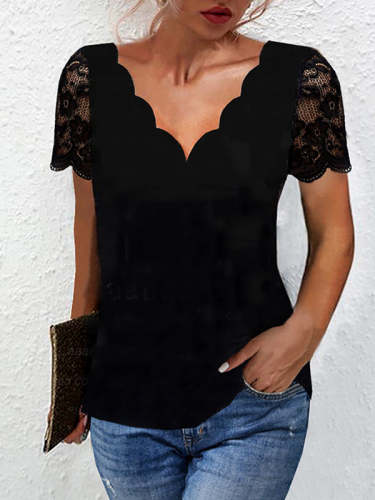 Fashion Lace collar black short sleeve T-shirts Tops