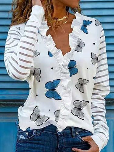 Butterfly Print V-Neck Lace Striped Long Sleeve T-Shirts