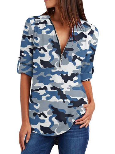 V neck Zipper design women printed short sleeve T-shirts tops