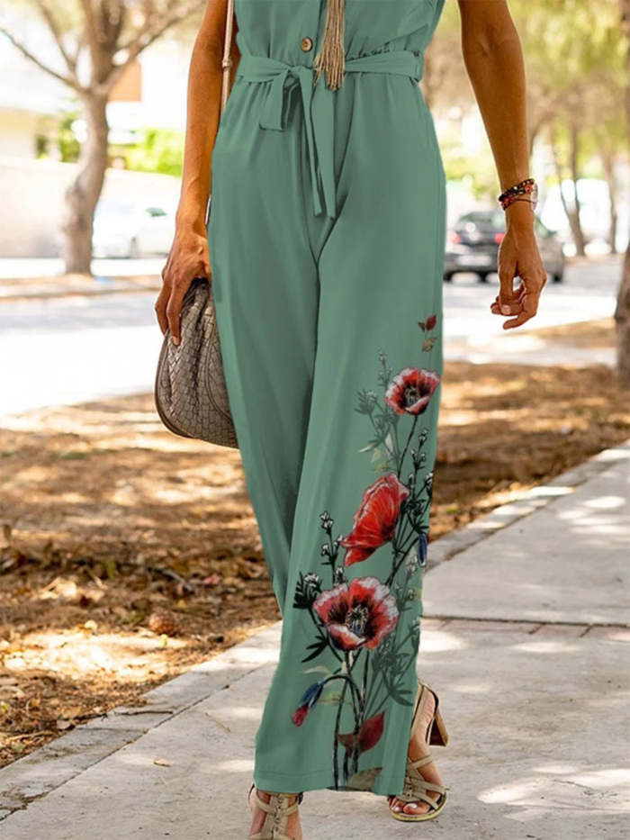Turn down neck Jumpsuit Sleeveless Buckle Printed Jumpsuits