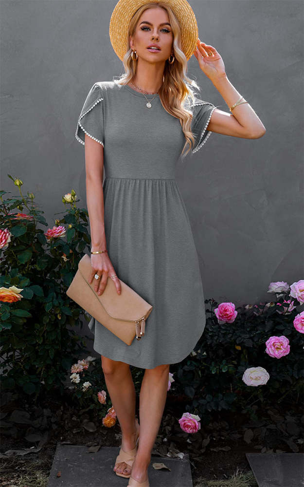 Lace pleated solid color summer fashion short sleeve skater dresses