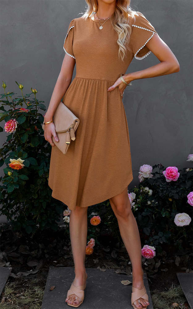 Lace pleated solid color summer fashion short sleeve skater dresses