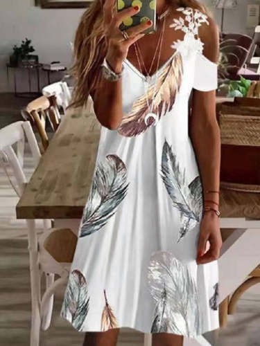 Printed Lace v neck short sleeve off shoulder fashion shift dresses