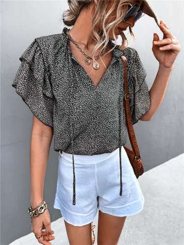 Lace-up V-Neck Leopard Print Top Casual T-Shirts