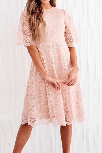 Casual Solid Lace O Neck Cake Skirt Skater Dresses