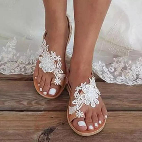 Applique Flower Solid Color Flat Heel Sandals Toe Ring Shoes