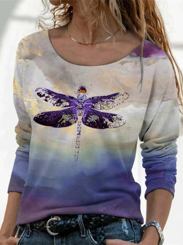 Women's T-Shirts Dragonfly Print Crew Neck Long Sleeve T-Shirts
