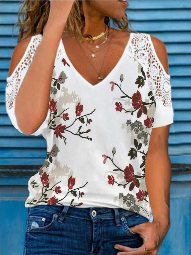 Women's T-Shirts Floral Lace V-Neck Off Shoulder Short Sleeve T-Shirt