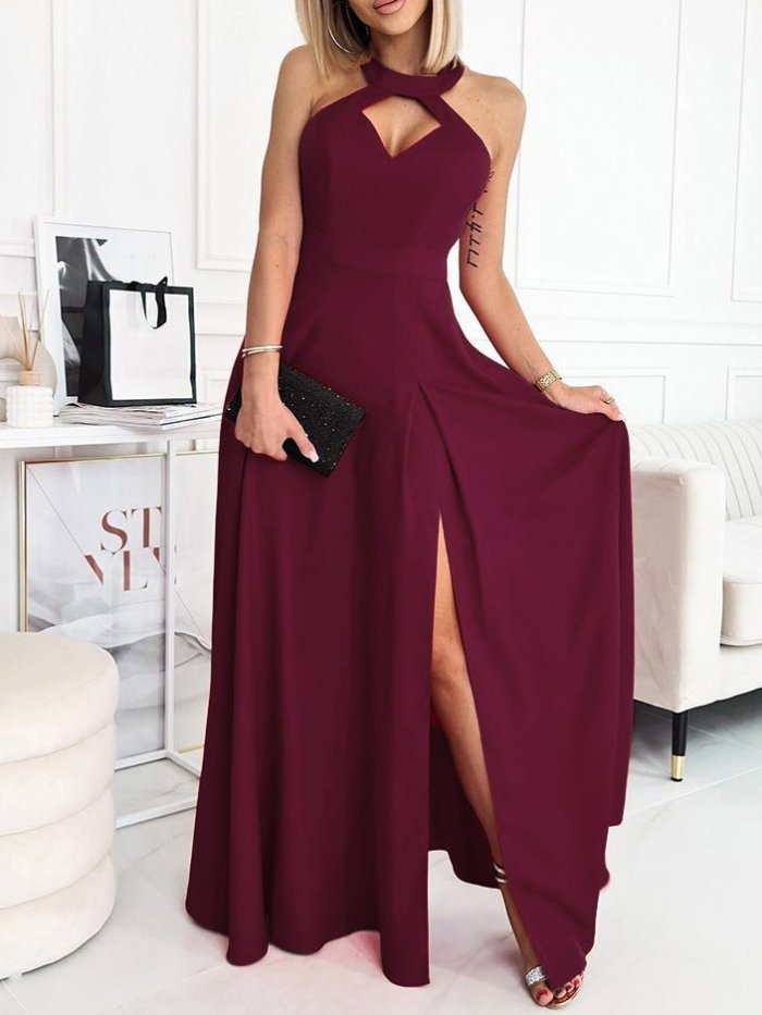 Women's Dresses Solid Halter Hollow Sleeveless Slit Dress
