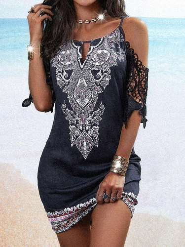 Women's Dresses Printed Strap Off Shoulder Lace Sleeve Casual Dress