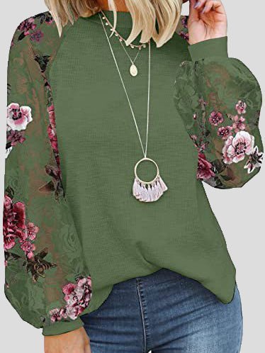 Women's T-Shirts Round Neck Floral Lace Panel Long Sleeve T-shirt