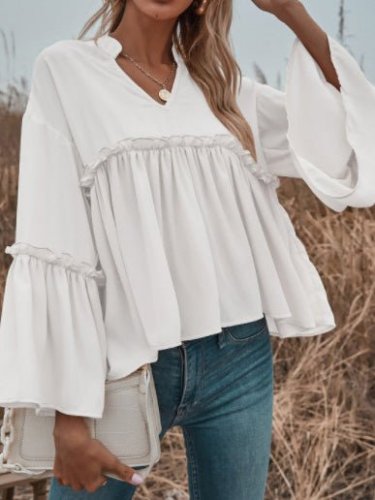 Women's Blouses Solid V-Neck Flared Long Sleeve Chiffon Blouse
