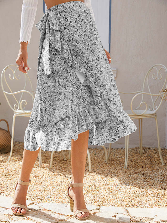 Lace-Up Slit Irregular Floral Chiffon Skirts