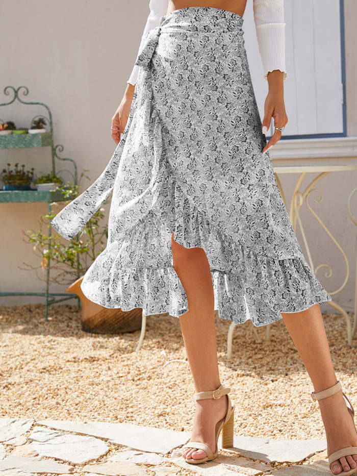 Lace-Up Slit Irregular Floral Chiffon Skirts