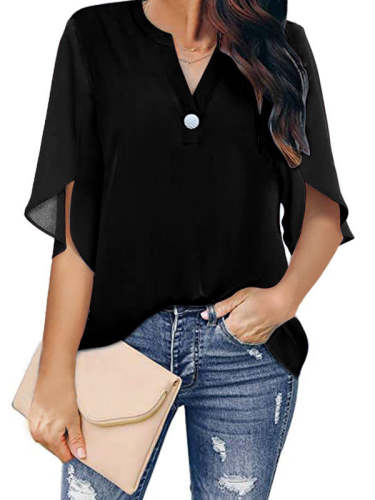 Elegant Short Sleeve Casual Solid Color V-Neck Women T-shirts