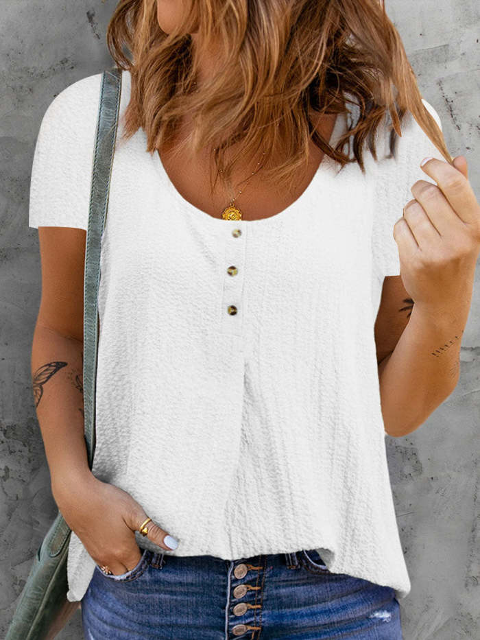 Round Neck Casual Loose Solid Color Short-sleeved Blouses