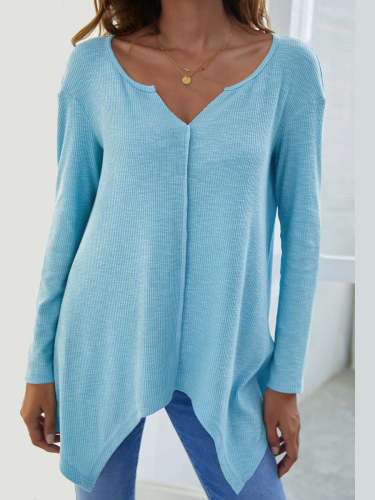 Casual Loose Solid Color V-Neck Long Sleeve T-Shirts Tops