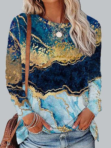 Casual Marble Print Crew Neck Long Sleeve T-Shirts