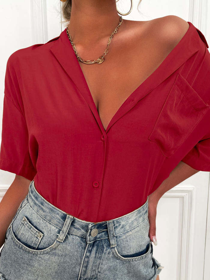 Casual Loose Solid Color Short Sleeve Blouses