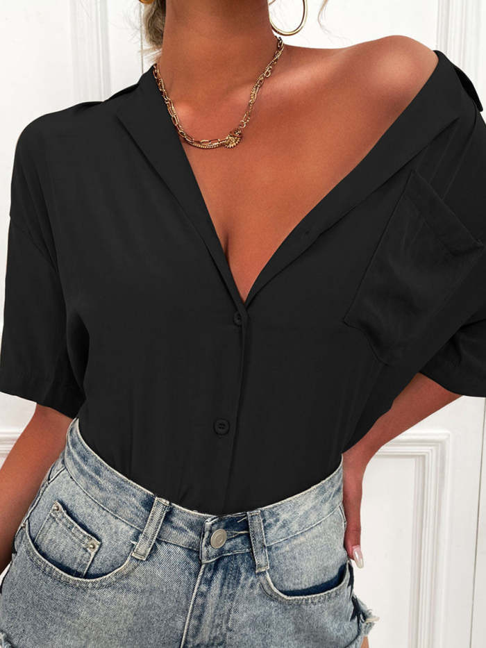 Casual Loose Solid Color Short Sleeve Blouses