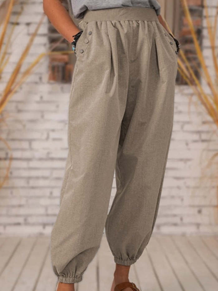 Casual Cotton Linen Soild Color Button Pocket Women Pants