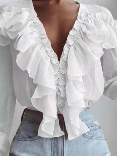 Women's Blouses Ruffled V-Neck Chiffon Long Sleeve Blouse