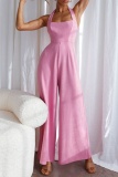 Casual Solid Split Joint Halter Loose Jumpsuits