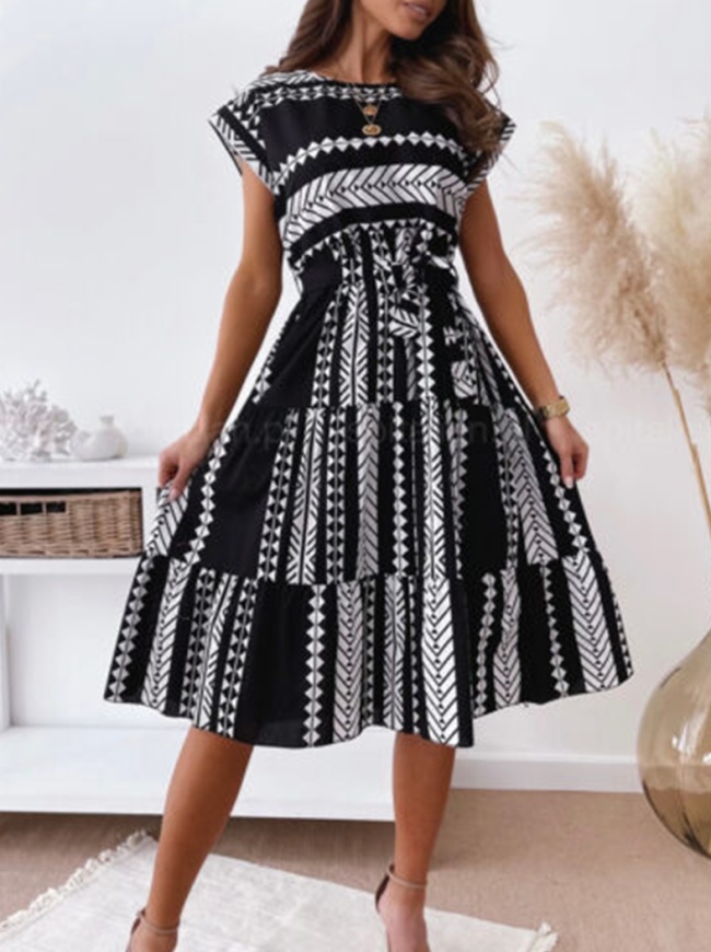 Casual Print Split Joint O Neck Waist Skirt Dresses