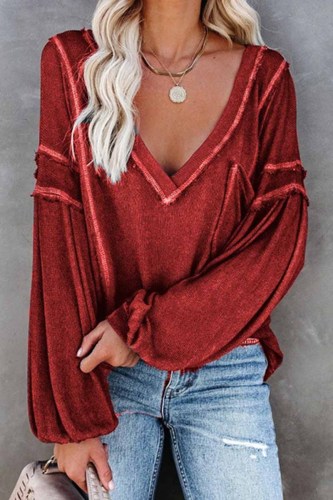 Solid Color Pullover V-Neck Bubble Long Sleeves Tops(4 Colors)