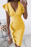 Fashion Elegant Solid Flounce Fold V Neck Wrapped Bodycon Dresses