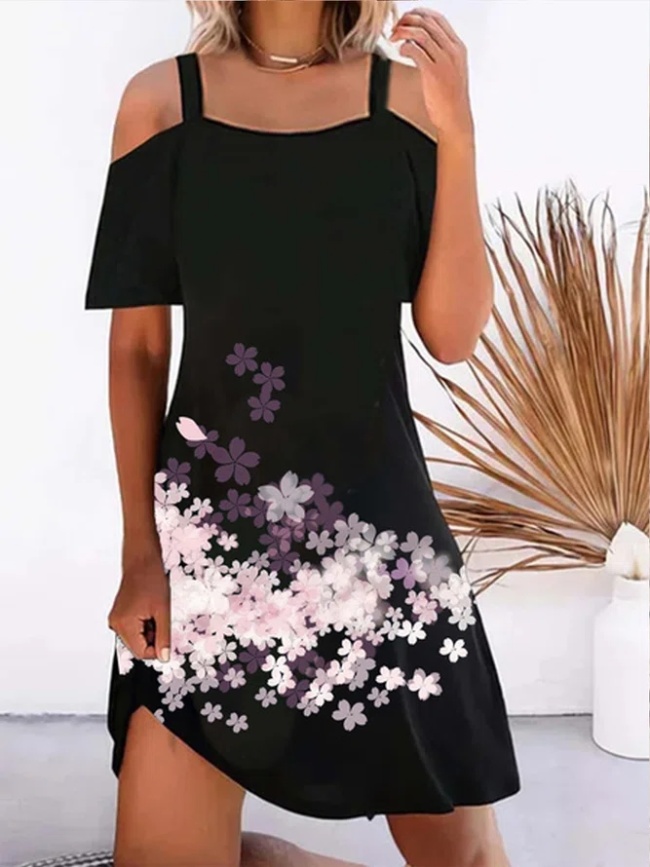 Off Shoulder Floral Printed Holiday Daily Casual Black Mini Dress