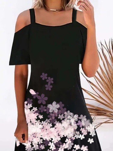 Off Shoulder Floral Printed Holiday Daily Casual Black Mini Dress