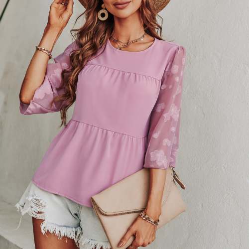 Printed chiffon solid color round neck T-shirts Tops