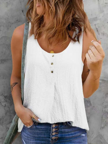 Solid crew neck button-embellished sleeveless tank top T-shirs vests