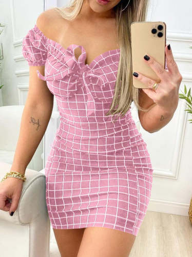 Plaid Printed Off Shoulder Sexy Women's Bodycon dresses